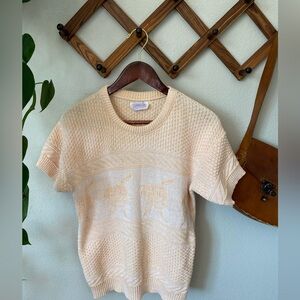 Vintage 80s Arielle Cotton Short Sleeve Peach Floral Sweater Floral 3D Knit
